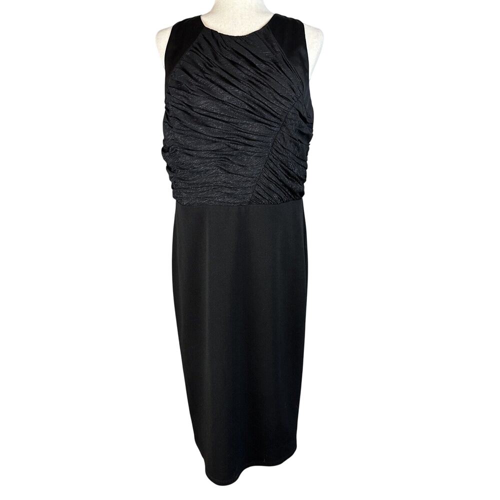 Halston Heritage Women Sheath Cocktail Dress Size 14 Black Shimmer Ruched Bodice